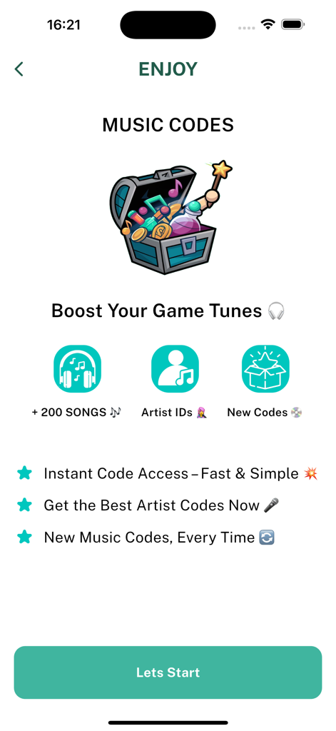 PlayBoost & Codes for Roblox - Pantalla de la aplicación PlayBoost que muestra códigos de música de Roblox e IDs de artistas