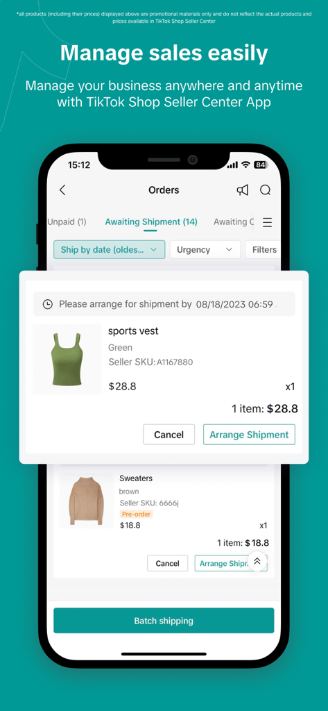 Mobile interface of TikTok Shop Seller Center showing order fulfillment and shipment options for a sports vest