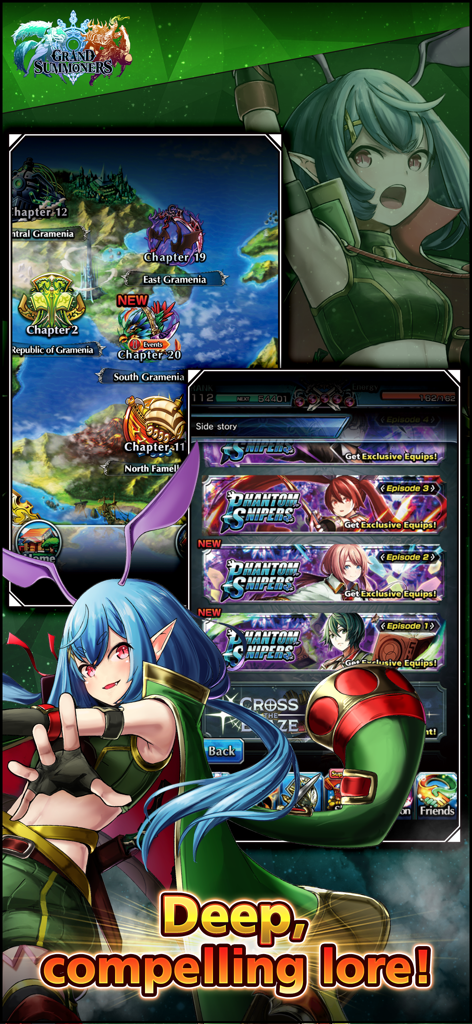 Grand Summoners - Anime RPG - Grand Summoners Mobile-Game-Oberfläche mit Story-Kapiteln und einem Anime-Charakter mit dem Text 'tiefgründige fesselnde Geschichte'