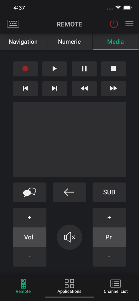Interface of the Grundig Smart Remote app showing playback and volume controls.