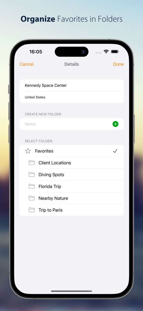 Streets - Street View Browser - Captura de pantalla de iPhone que muestra cómo organizar los panoramas favoritos de Street View en carpetas personalizadas como Viaje a Florida y Ubicaciones de clientes.