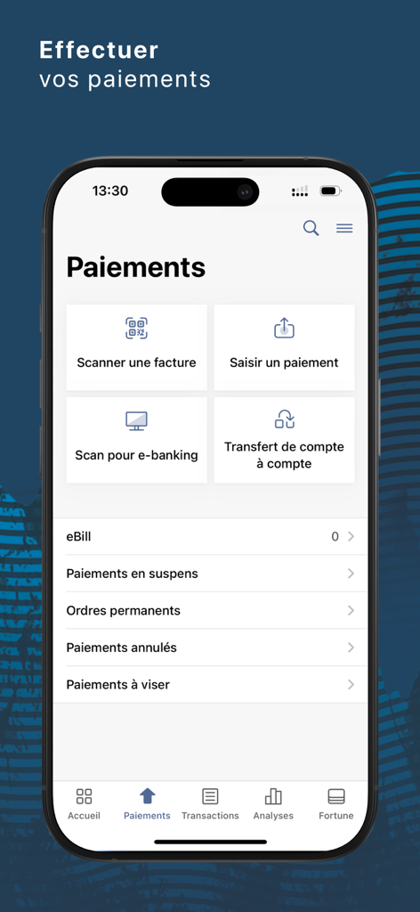 BCF Banking app payments screen on iPhone showing scan and transfer options