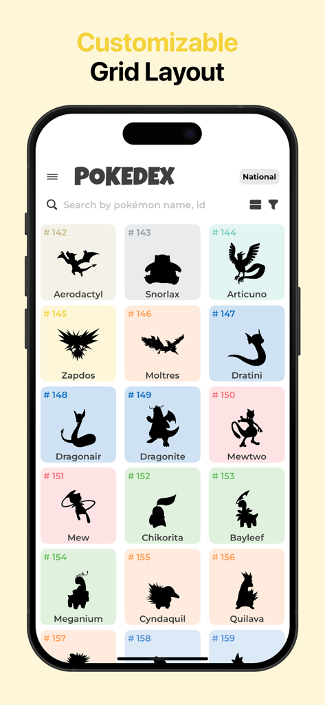MonsterDex: The Ultimate Guide - MonsterDex app interface showing a customizable grid layout of Pokemon silhouettes with their names and ID numbers.
