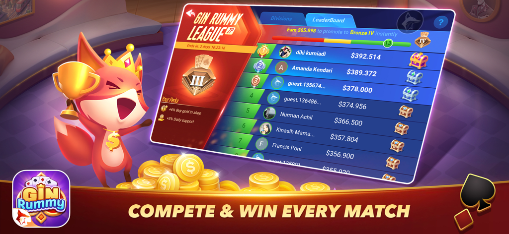 Gin Rummy Zingplay - Gin Rummy ZingPlay leaderboard showing player rankings and competitive league divisions