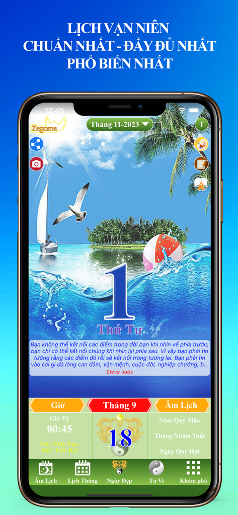 Vietnamese perpetual calendar app interface with solar and lunar dates on a beach background