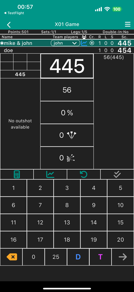 Darts Scoreboard App - Interfaccia del segnapunti digitale per una partita X01 che mostra i punteggi dei giocatori e una tastiera numerica