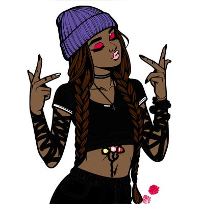realistic teenage girl with braids and a beanie and crop top doing 🫶🏼