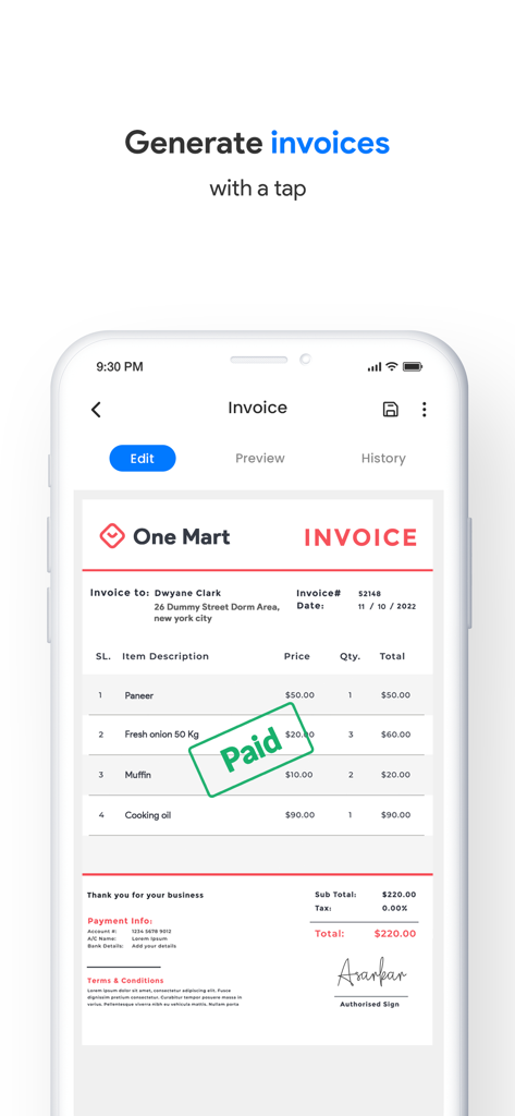 緑色の「支払済」スタンプが付いたプロフェッショナルな請求書を示すモバイルアプリのインターフェース