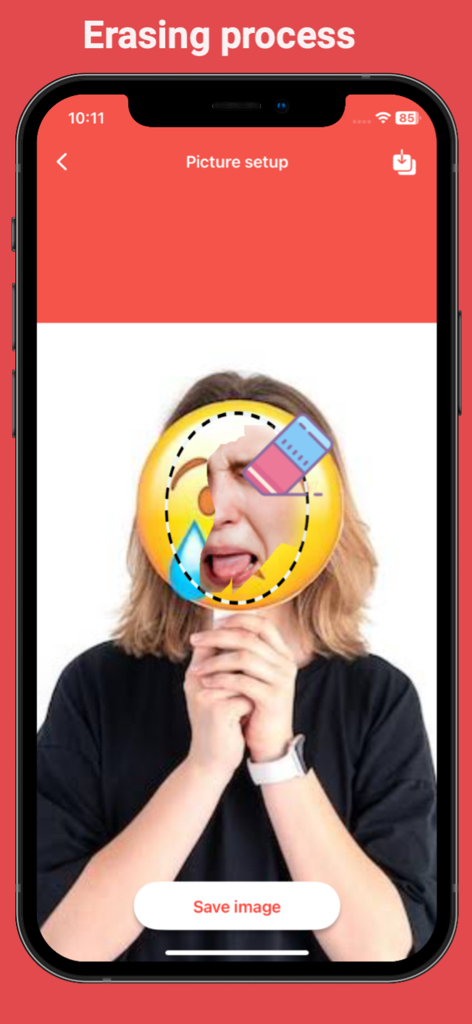 Emoji Remover - Photo Editor - Smartphone screen showing the emoji remover prank app erasing a sticker from a face to reveal a photo underneath