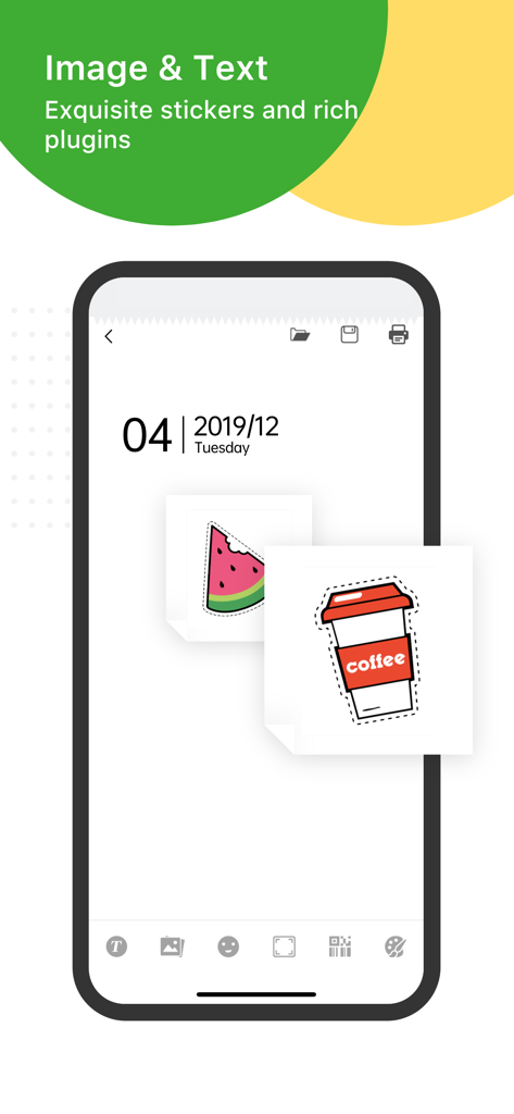 PeriPage - PeriPage app interface showing custom stickers of a watermelon and coffee cup on a digital note for creative journaling