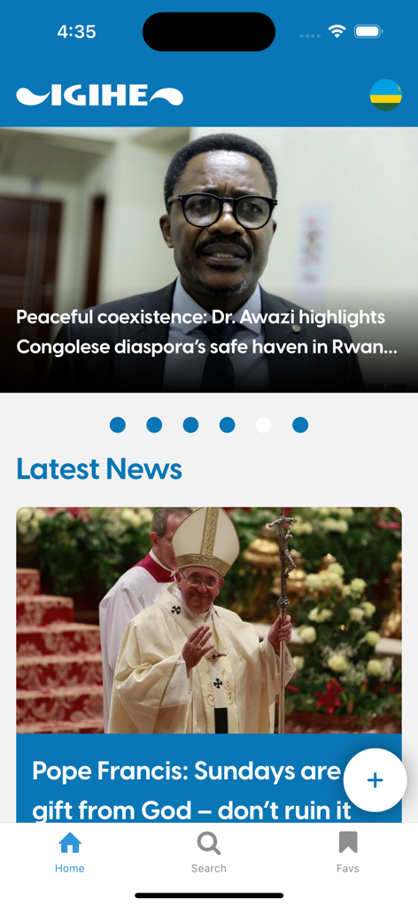 IGIHE - Startbildschirm der IGIHE-App mit den neuesten Nachrichtenartikeln über Ruanda und internationale Themen