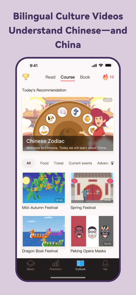 Chinesia - AI Learn Chinese - Chinesia app interface featuring bilingual cultural videos about Chinese zodiac and festivals