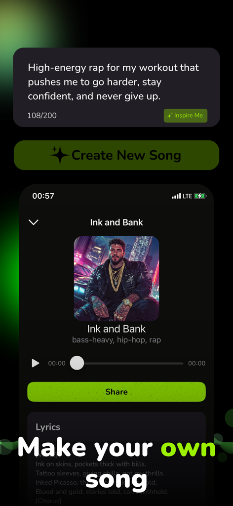 AI Music & Song Generator - AI - Interfaz de una aplicación de música IA que muestra una canción de rap de alta energía creada a partir de una indicación de texto