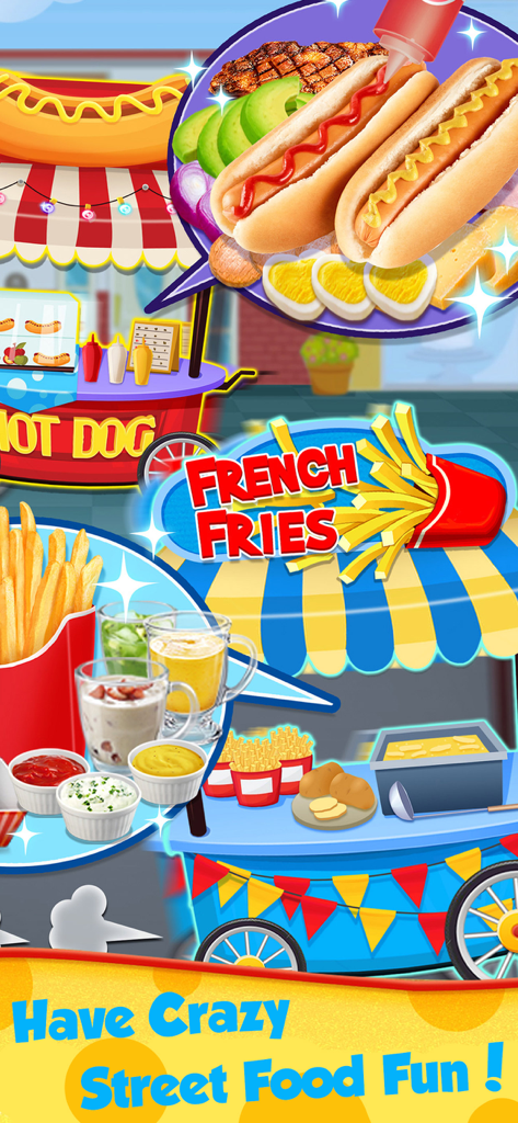 Street food carnival game showing colorful hot dog and french fries cooking stalls with various toppings