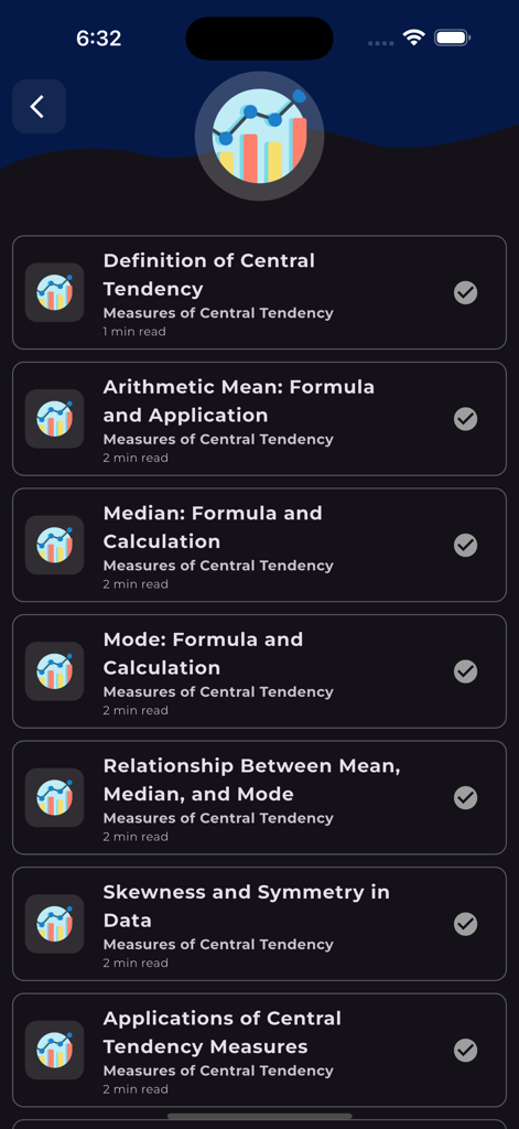 Learn Statistics [PRO] - Lista de lecciones de estadística sobre medidas de tendencia central, incluyendo media, mediana y moda.