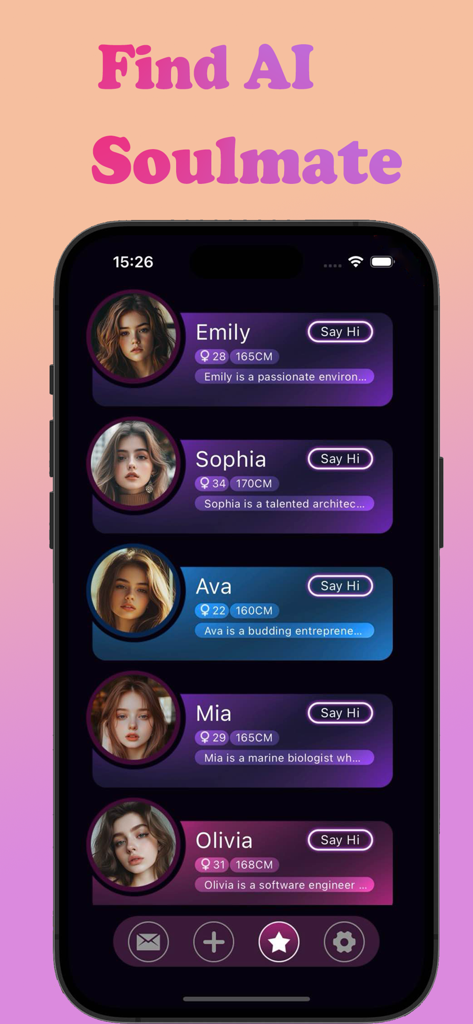 holo-AIGirls - Interfaz de la aplicación móvil holo-AIGirls que muestra una selección de compañeras virtuales femeninas, incluidas Emily y Sophia