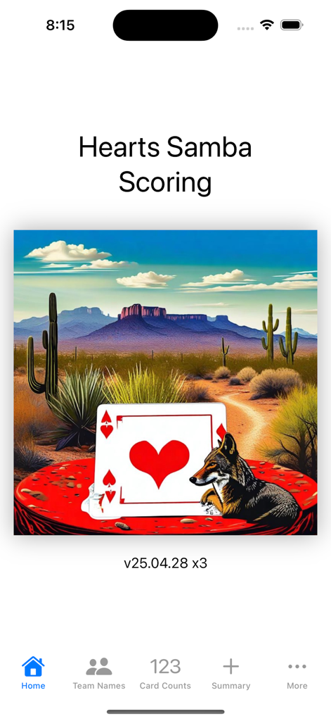 Hearts Samba Scoring - Pantalla de inicio de la aplicación Hearts Samba Scoring que muestra una ilustración de paisaje desértico con una carta de As de Corazones y una barra de navegación inferior