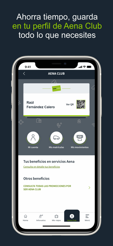 Pantalla del perfil de miembro del Club Aena con tarjeta de miembro digital y recompensas de aeropuerto
