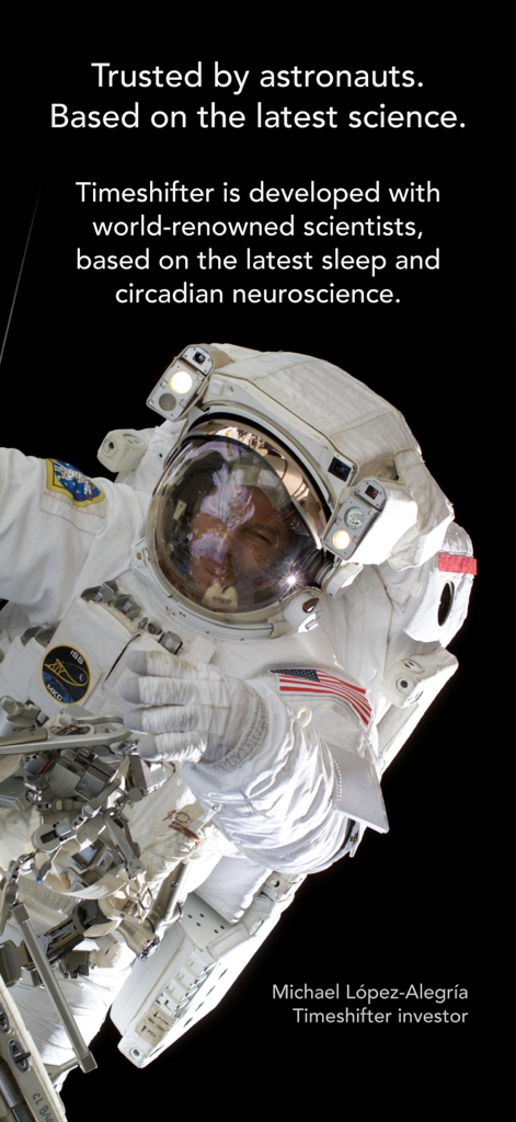 An astronaut in a spacesuit representing the scientific foundation and elite trust in the Timeshifter jet lag app