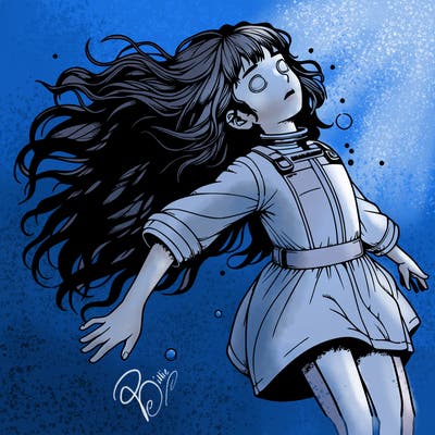 realistic detailed girl floating up on back