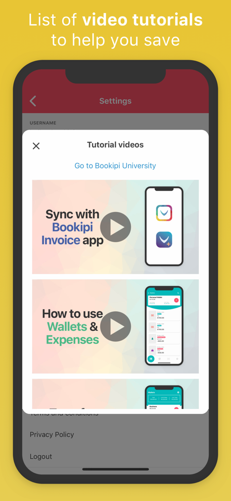 List of video tutorials in the Bookipi Budget App and Expense Tracker