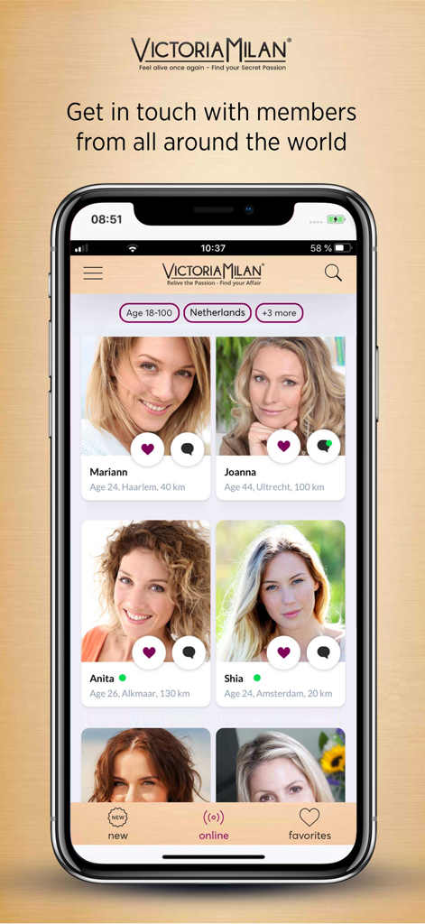 Victoria Milan - Casual Dating - Interface de l'application mobile Victoria Milan montrant une grille de profils de membres féminins avec noms, âges et lieux pour des rencontres discrètes