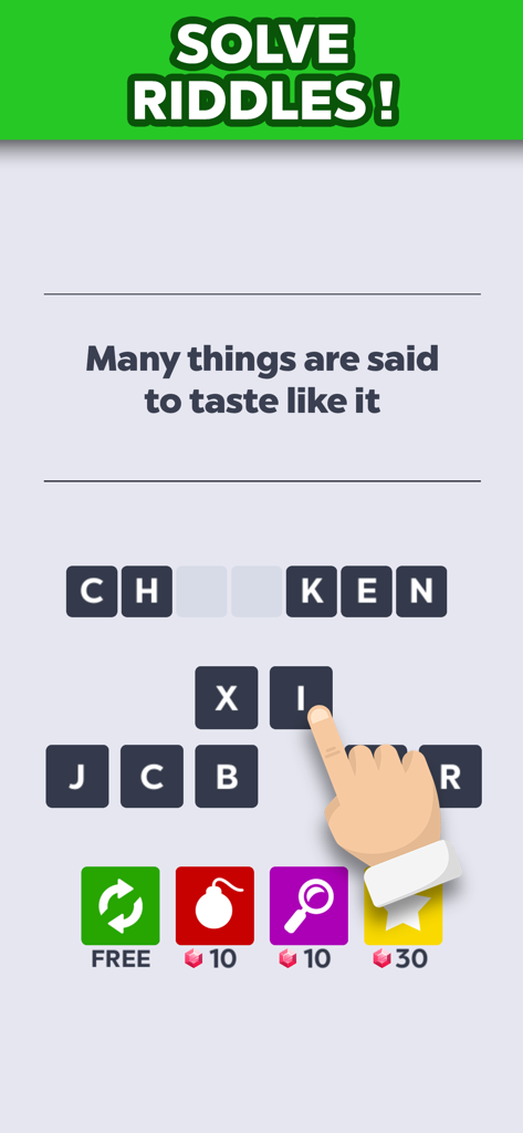 A riddle puzzle screen in the Word to Word app where a player is solving the word chicken based on a trivia clue