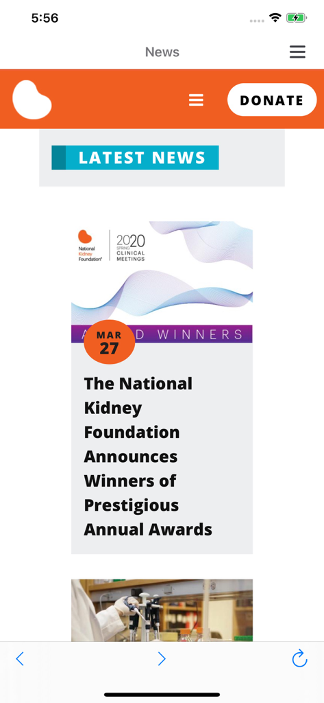 News screen of the NKF KDOQI mobile app featuring latest announcements and award winners from the National Kidney Foundation