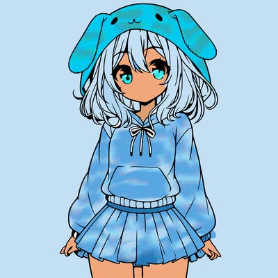 pretty anime girl wearing a fluffy hoodie with bunny ears on the hood and a skirt