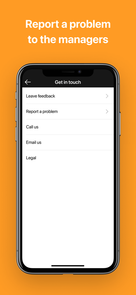 Support and contact menu of the VoooM Driver app featuring options to report problems or leave feedback