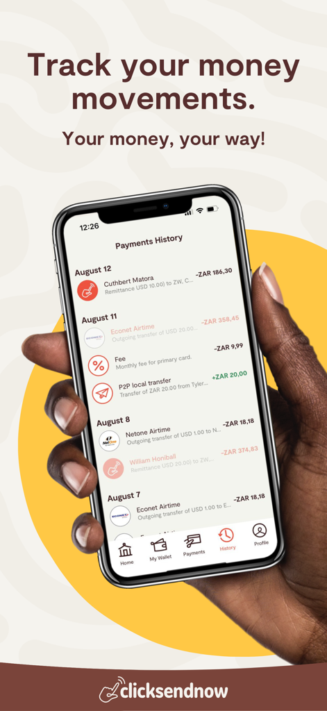 ClickSendNow - A person holding a phone showing the ClickSendNow app payment history screen with a list of recent transactions and money movements.
