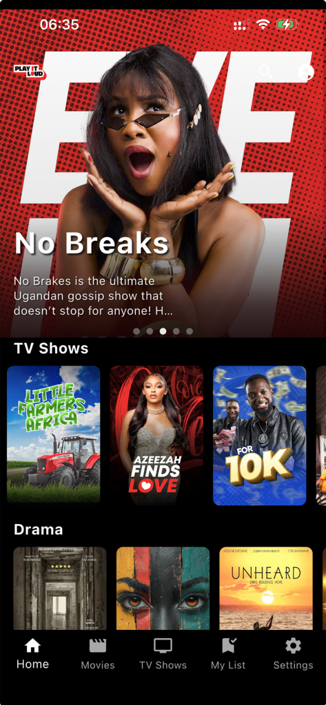 Play It Loud mobile app home screen showcasing African TV shows and entertainment categories