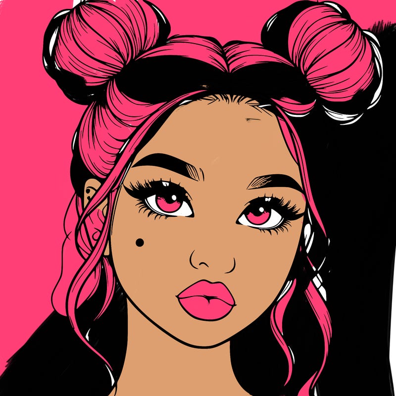 realistic girl with two buns on her hair and lips