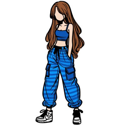 girl in baggy pants crop top and long hair