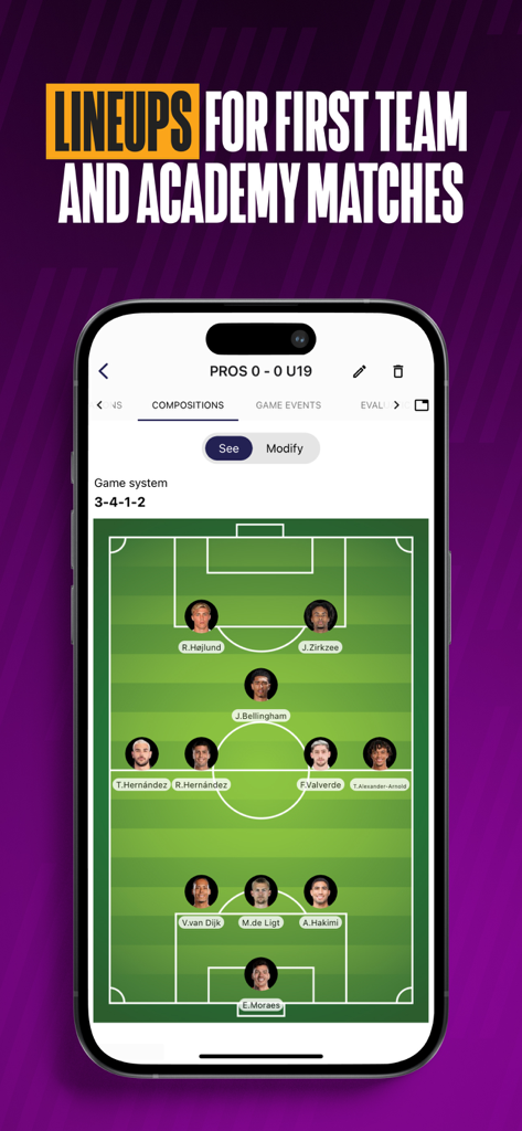 Opta Pro Hub - Opta Pro Hub mobile app displaying a professional soccer team lineup and tactical formation