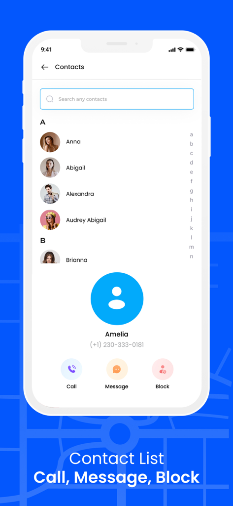 Screenshot of the contact list in the Phone Number Lookup app showing options to call message and block numbers