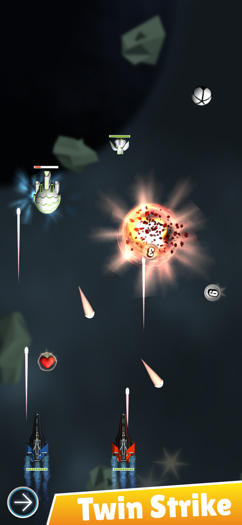 Finger Fights: 2 player games - Jugabilidad del modo Twin Strike que muestra a dos jugadores cooperando en una batalla de disparos espaciales.