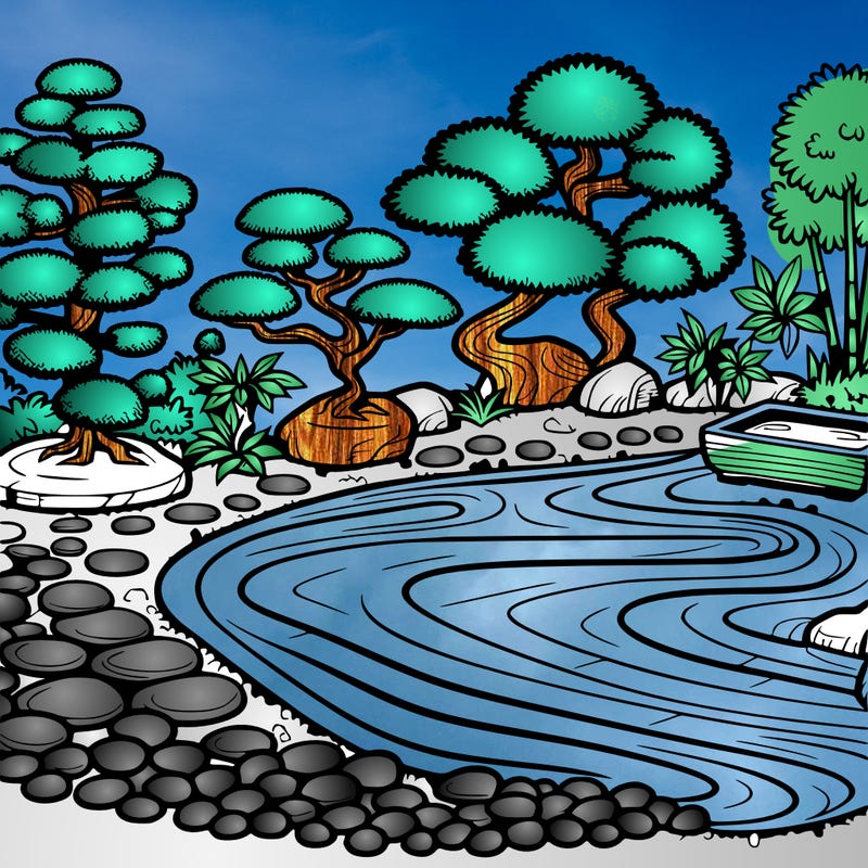 a serene zen garden with raked gravel, bonsai trees, and tranquil ponds