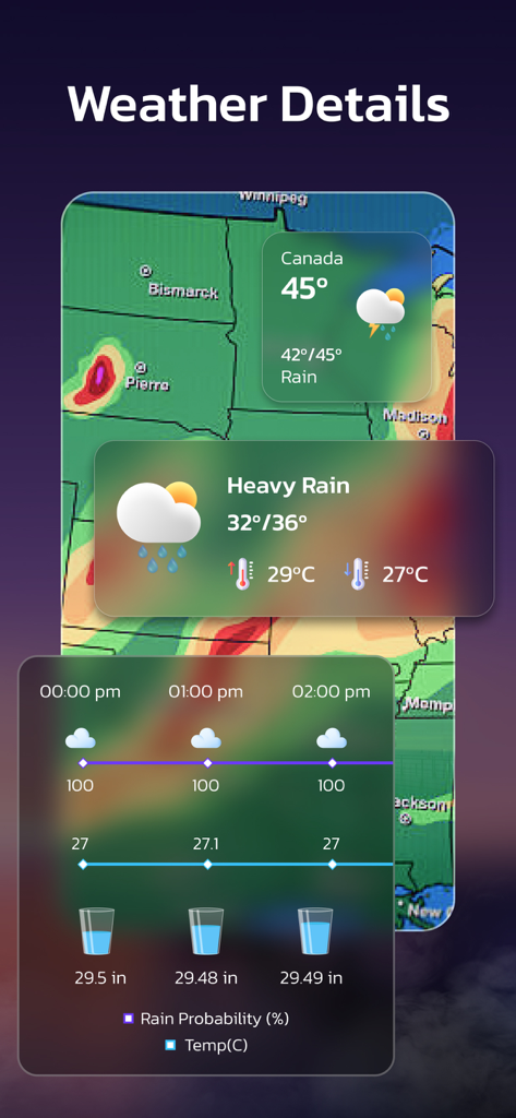 Weather AI app screenshot showing heavy rain alerts and detailed hourly weather forecast data over a radar map