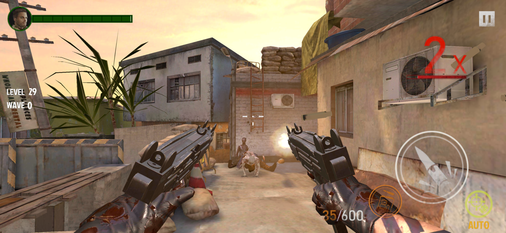 Zombie War - The Last Survivor - First person view of dual wielding submachine guns shooting zombies in a city environment