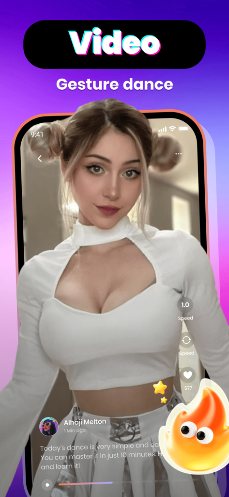 Fingro：Adult Share，Video Call - Mobile app screenshot of Fingro showing a woman performing a gesture dance in a short video with playback controls