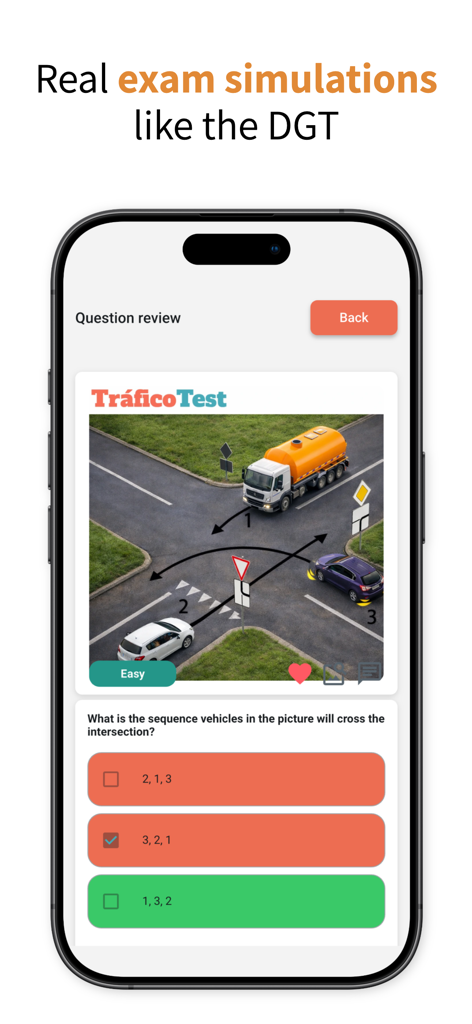 DGT exam - TraficoTest - Pantalla de simulación de examen DGT mostrando una pregunta de teoría de conducir sobre la prioridad de paso en una intersección.