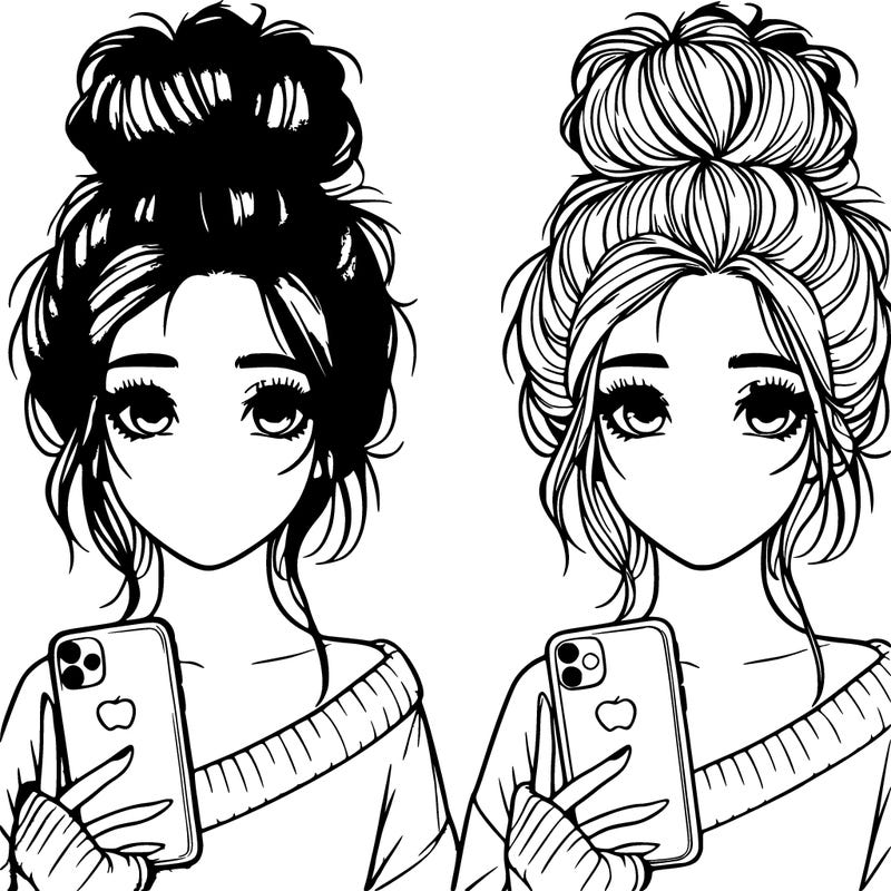realistic girl with a messy bun and iphone