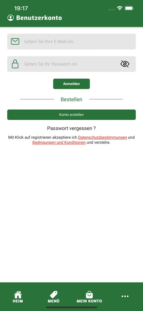 Due Amici Pizzeria 모바일 앱의 로그인 및 계정 등록 화면