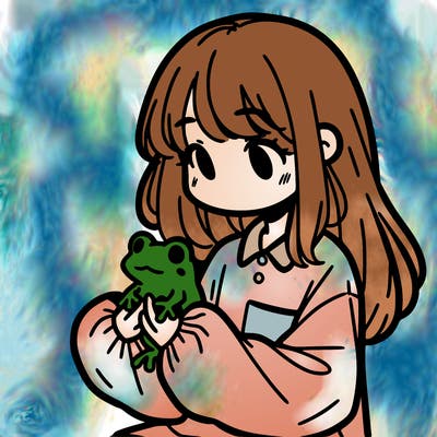 girl with long hair and a oversized shirt. and she is holding a frog