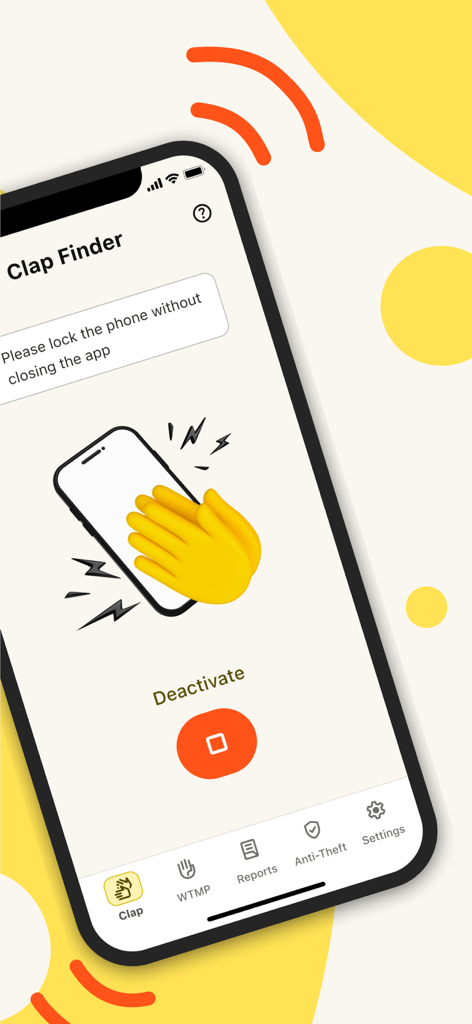 The Clap Finder screen of the AntiLost app showing a clapping hands illustration and a deactivate button.