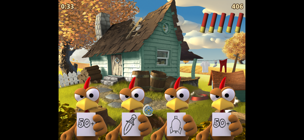Four cartoon chickens holding signs with symbols in front of a rustic farm house
