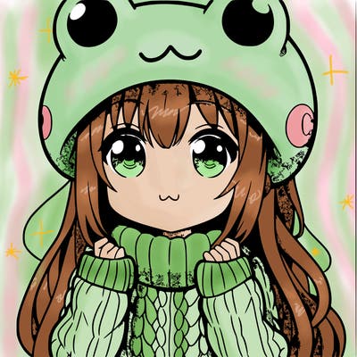 anime girl with a big sweater with a frog hat
