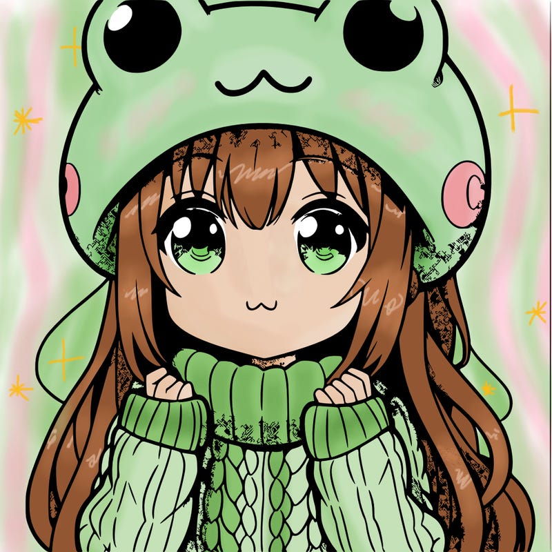 anime girl with a big sweater with a frog hat