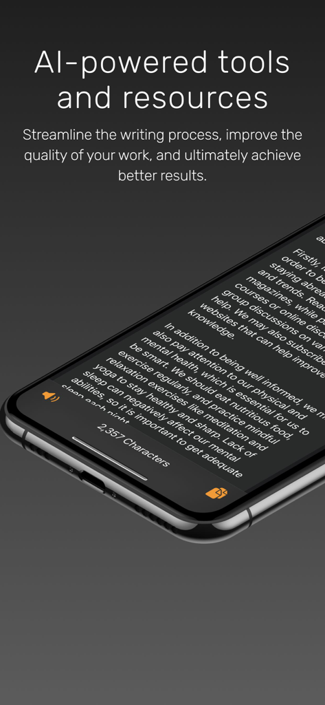 AI Essay Writer: Writing Tools - Benutzeroberfläche der KI-Essay-Schreiber-App, die einen generierten Essay und Werkzeuge auf einem Smartphone zeigt.